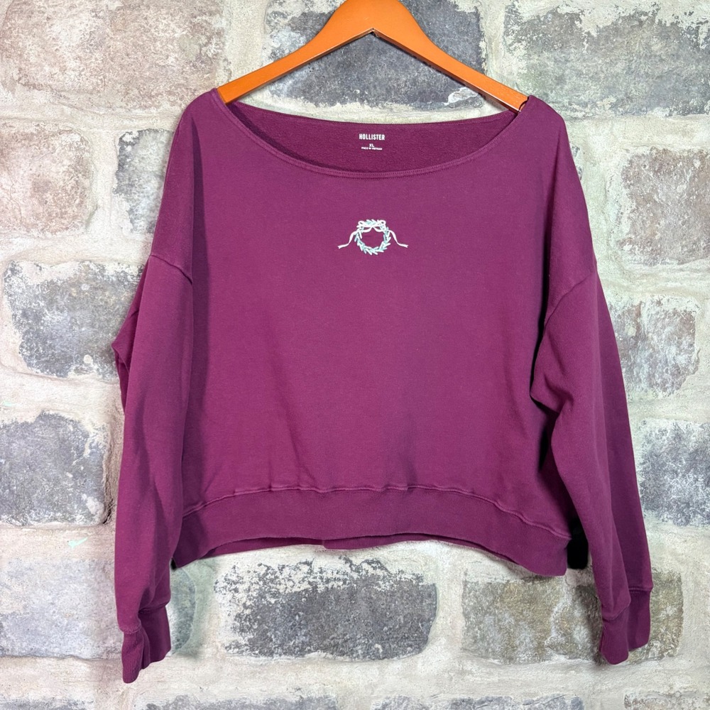 Hollister Womens XL Burgundy Embroidered Wreath Cropped Off Shoulder Sweatshirt